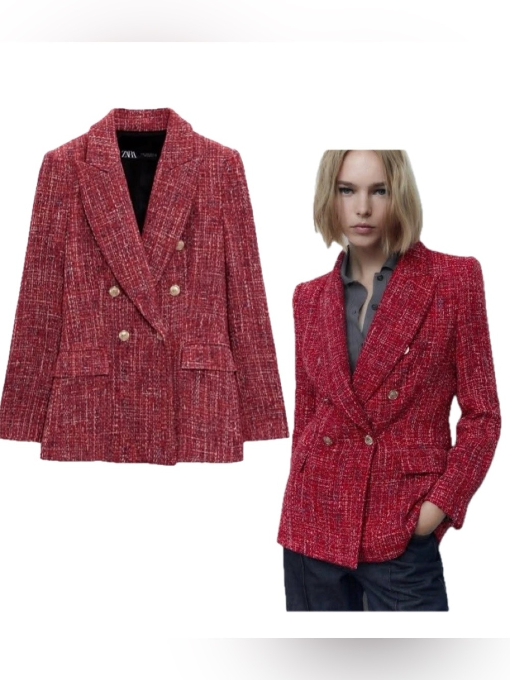 Zara Red Double-Breasted Textured Weave Tweed Blazer Sz M